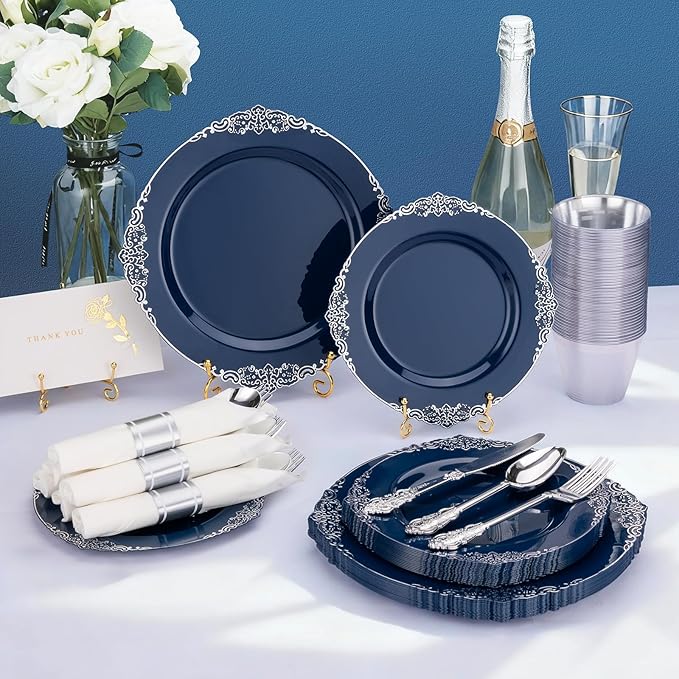175PCS Navy Blue Plates for 25 Guests, Disposable Dinnerware Sets Include 50 Plastic Plates, 25 Silverwares, 25 Cups, and 25 Pre Rolled Napkins for Party, Wedding and Graduation