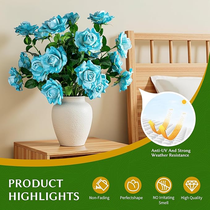 Artificial Flowers 23.2In Artificial Roses 20PCS Fake Roses Long Stem Artificial Flowers for Tall Vase Silk Rose Spring Suitable for Indoor Wedding Party Decor Valentine's Day DIY Bouquet,Blue