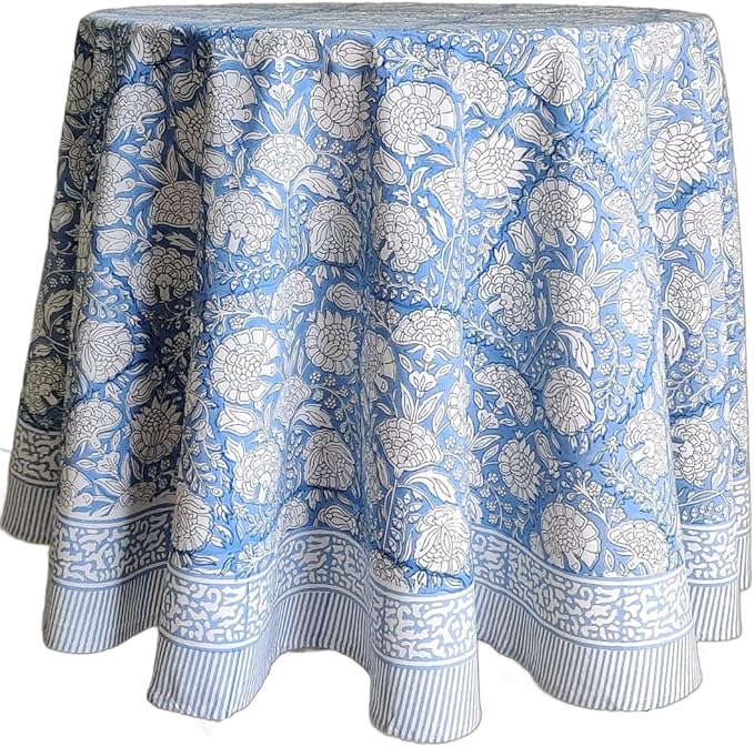 ATOSII Azora Blue 100% Cotton Round Spring Tablecloth, Handblock Print Floral Table Cloth for Kitchen Dining Linen I Parties, Weddings, Outdoors, Easter Holidays I 60" Inches Round