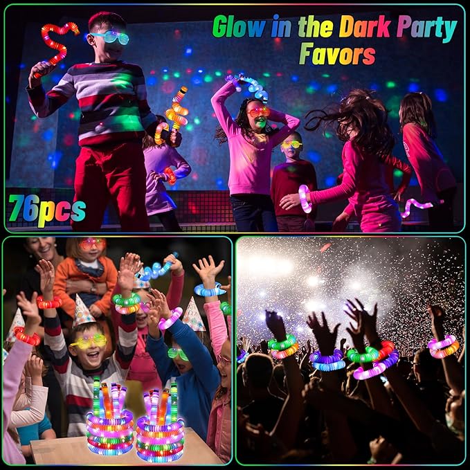 76 Pcs Glow Light Up Pop Tubes &LED Glasses Sticks Party Favors, Glow Bracelets Necklaces Camping Toys, Rave Neon Flashing Glasses for Birthday Return Gift Goodie Bag Christmas Stuffer School Prizes