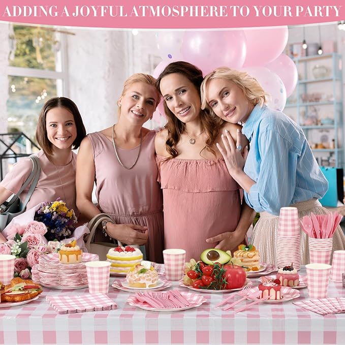 452 Pcs Pink Gingham Party Supplies for 50 Guests, White and Pink Checkered Paper Plates Napkins Cups Tablecloth Cutlery Straws for Picnic Birthday Baby Shower Wedding Party Decoration