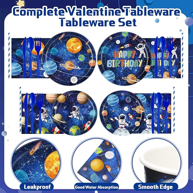 450 Pcs Space Birthday Tableware Set Decorations, Solar System Paper Plates Napkins Cups Cutlery Straws for Astronaut Theme Birthday Baby Shower Party Supplies, Serves 50