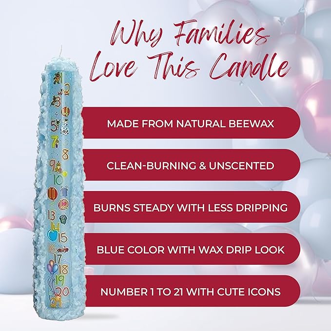 Biedermann & Sons Baby Shower Countdown Candle for Boys, Light Blue 15 Inch Unscented Pillar, 42 Hour Burn Time, 21-Year Keepsake Gift or Favor for Guests