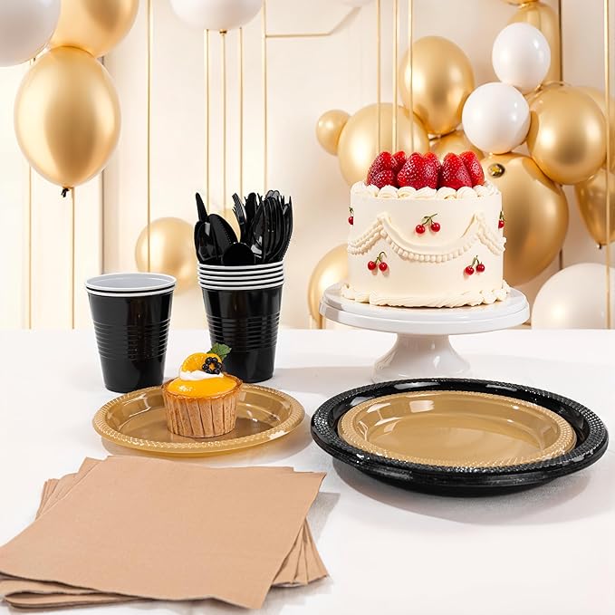 MirthMood 350PCS Black and Gold Plastic Plates,Black Disposable Plates –Plastic Plates Set Includes 50 Dinner,50 Dessert Plate,50 Cup&50 Napkins, 50 Black Silverware for Wedding& Parties