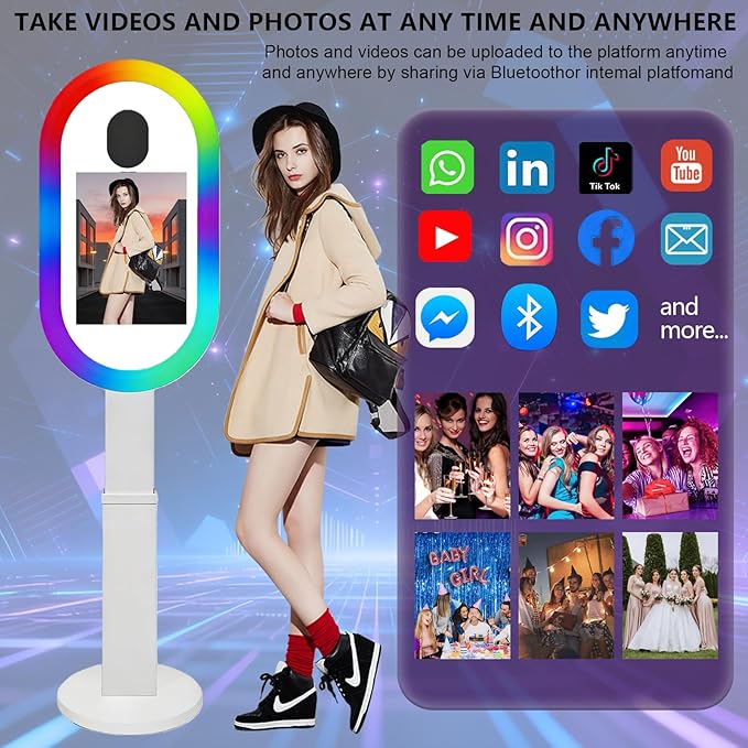 Photo Booth Shell Compatible with iPad Tablet 10.2'' 10.5’’ 10.9'' 11'' 12.9'' 13'' Selfie Protable iPad Photo Booth Machine with Flight Case for Parties Wedding Rental (White, Machine+Printer)
