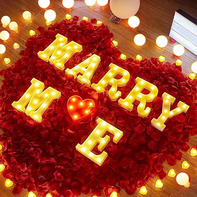 6132pcs Marry Me Marquee Light Up Letters- LED Letter Number Light Sign with Round Light Rose Petal Balloons Decoration for Proposal Engagement Wedding Home Table Decor White