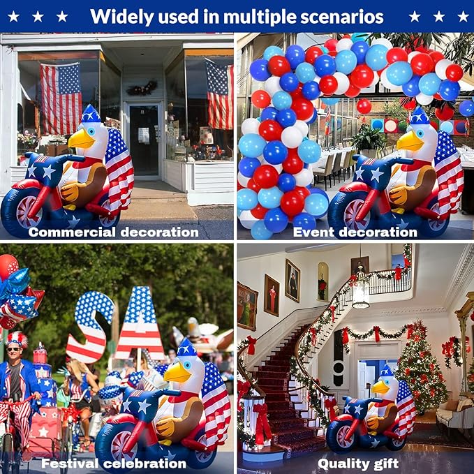 Patriotic Inflatable 5FT Eagle Sitting on Motorcycle 4th of July Inflatable Yard Decorations Outdoor Holiday LED Blow up Decor for American Decorations Advertising Business Promotion