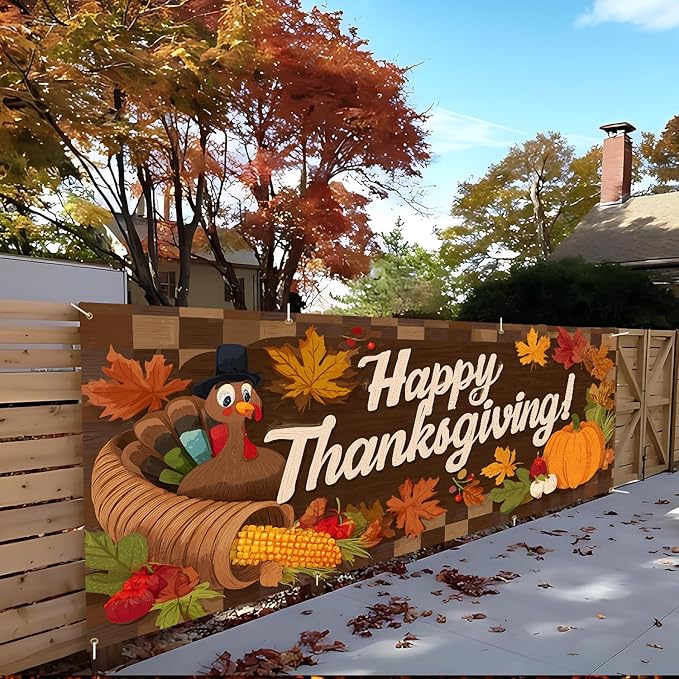 ANNA QUEEN Happy Thanksgiving Garage Door Banner 6 x 13FT, Cornucopia and Pumpkins on Woodgrain, Fall Outdoor Garage Decoration for Parties Home Rustic Decor
