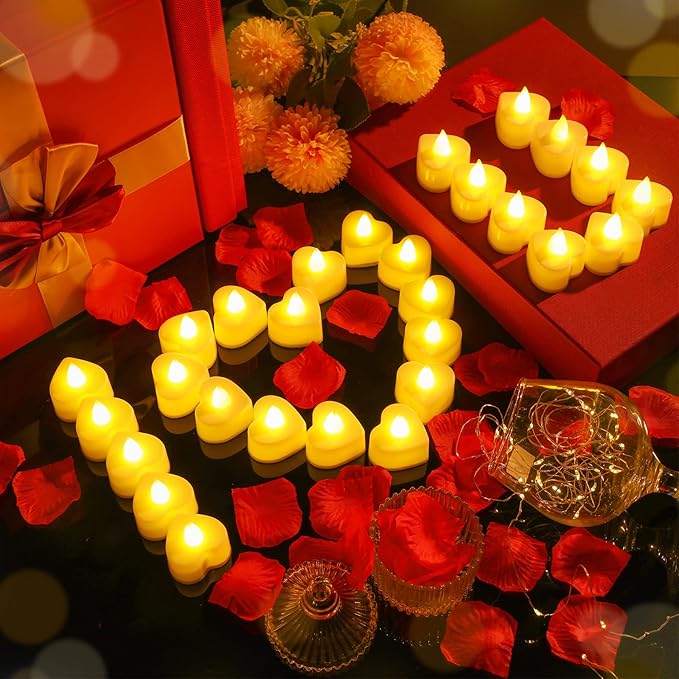 Coume 6000 Pcs Artificial Rose Petals with 120 Pcs Heart LED Tea Lights Candles Kit Valentines Rose Petals Candles Set for Romantic Night Anniversary Proposal Wedding Date Hotel(Warm White Light)