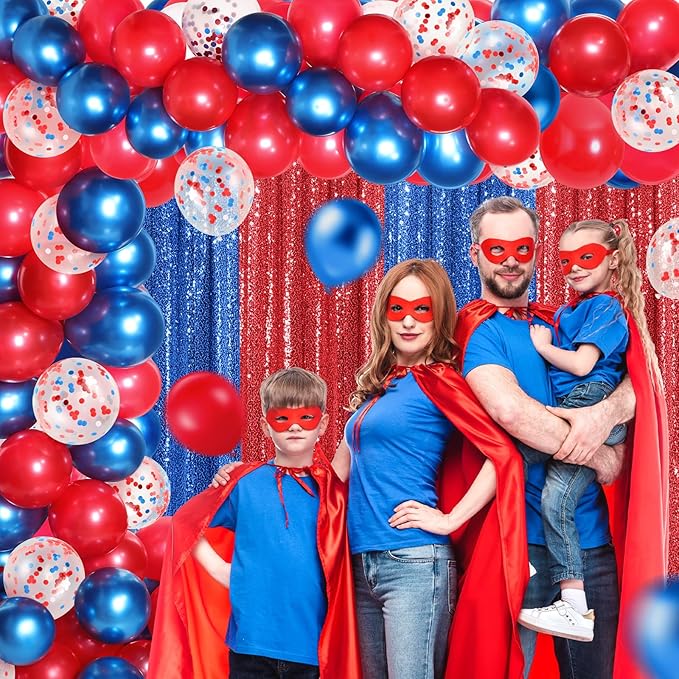 137 Pcs Red Blue Party Decorations with 4 Sequin Backdrop Curtains 133 Balloon Arch Kit Glitter Photo Backdrop Background for Hero Birthday Wedding Anniversary Baby Shower Graduation