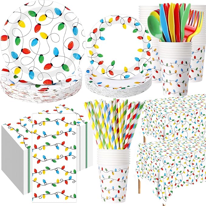452 Pcs Christmas Party Decorations for 50 Guests, Colorful Christmas Lights Paper Plates Napkins Cups Tablecloth Cutlery Straws Disposable Tableware Set for Xmas Holiday Party Supplies