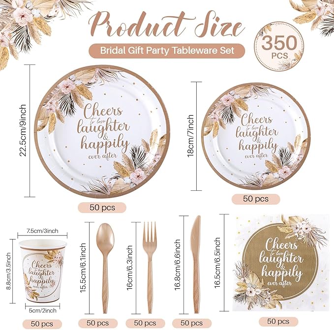 350 Pcs Boho Bridal Shower Paper Plates Napkins Cups Disposable Tableware Sets With Knives Forks Spoons Cheers to Love Bridal Shower Party Favors for 50 Guests Wedding Engagement Decorations (boho)