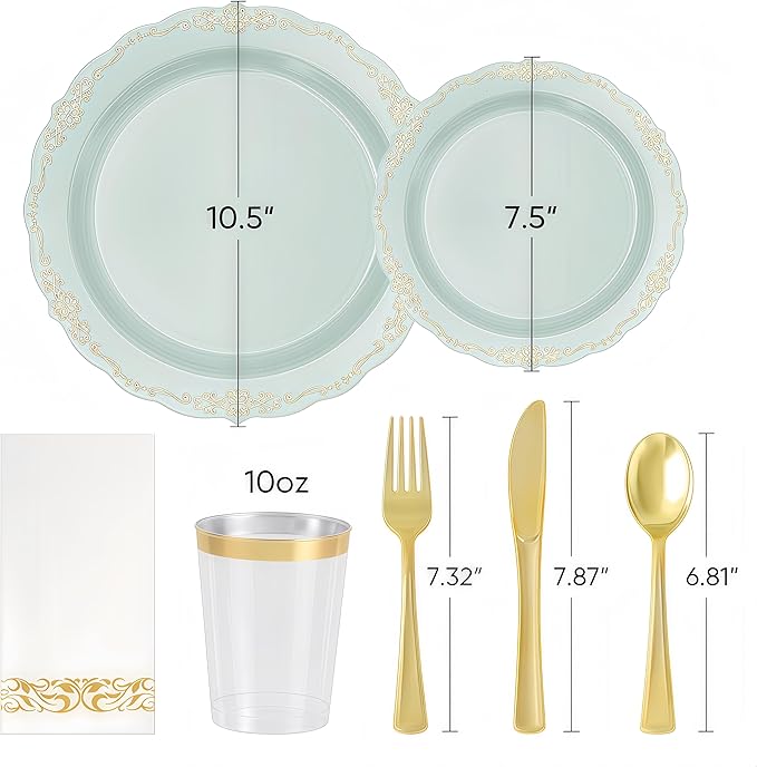 350 PCS Green Disposable Plates, Elegant Dinnerware Set for 50 Guests, 100 Plastic Plates, 150 Silverware, 50 Cups & 50 Paper Napkins, Green