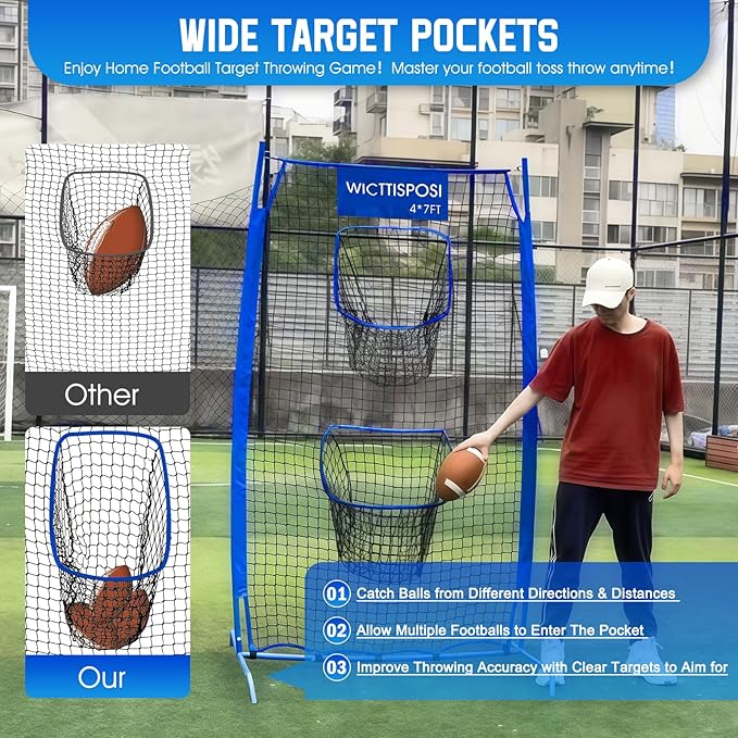 Football Throwing Net, Upgrade Heavy Duty Metal Frame Quarterback Training Equipment Throwing Machine with 1-4 Targets, Easy Setup Football Target Practice with CarryBag, Allweather Indoor Outdoor Use