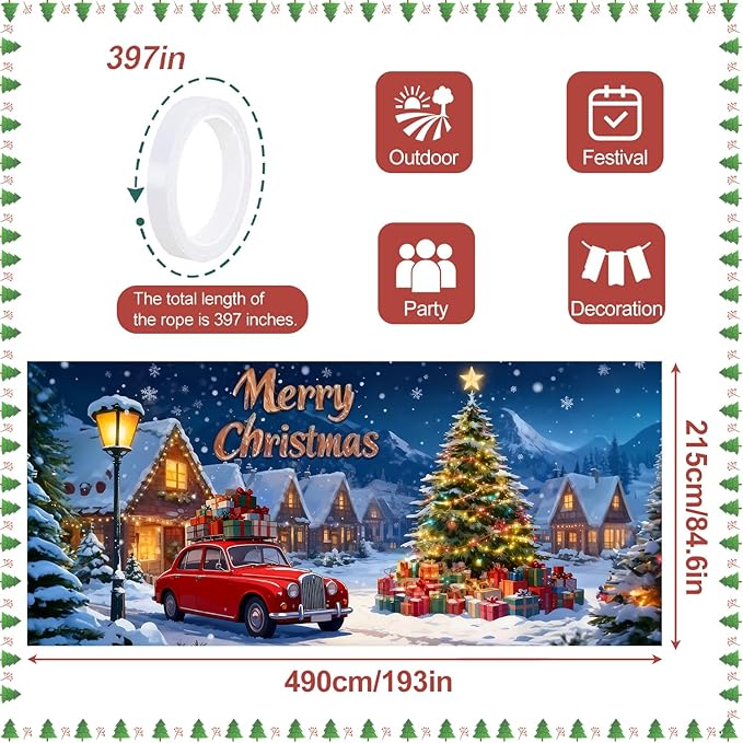Merry Christmas Garage Door Banner 7x16FT Snowy Village Scene with Car & Tree, Holiday Garage Door Cover for Outdoor Xmas Decorations