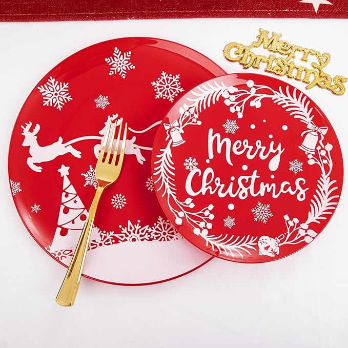 LIYH 150 Pcs Plastic Christmas Dinnerware Set, Red Christmas Plates with Reindeer Design, Gold Plastic Silverware, Xmas Gold Cups, Festive Holiday Tableware Party Supplies