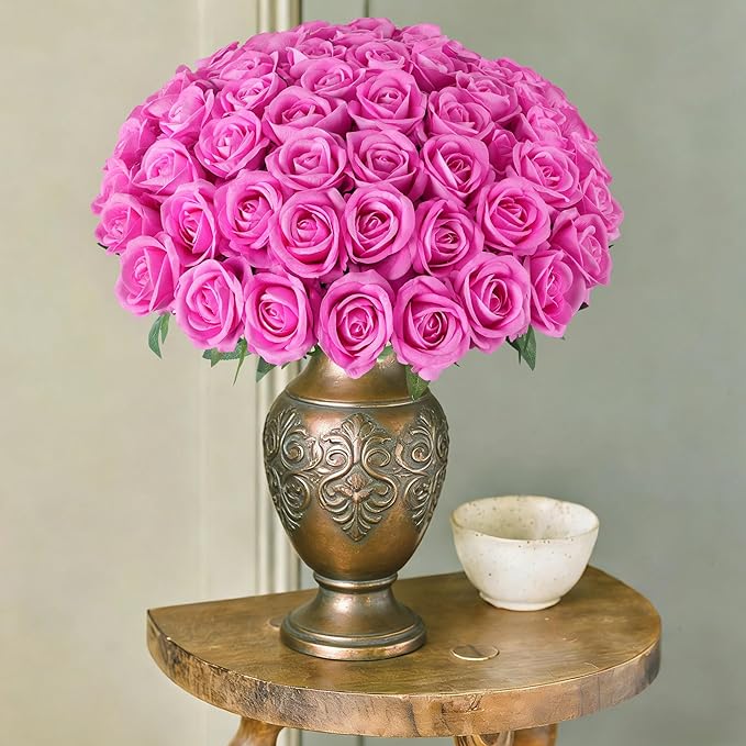 50 PCS Roses Artificial Flowers, Fake Roses with Stem Realistic Hot Pink Silk Rose for DIY Wedding Bouquets Table Centerpieces Arrangements Baby Shower Birthday Home Decor Valentine's Day Gift for Her