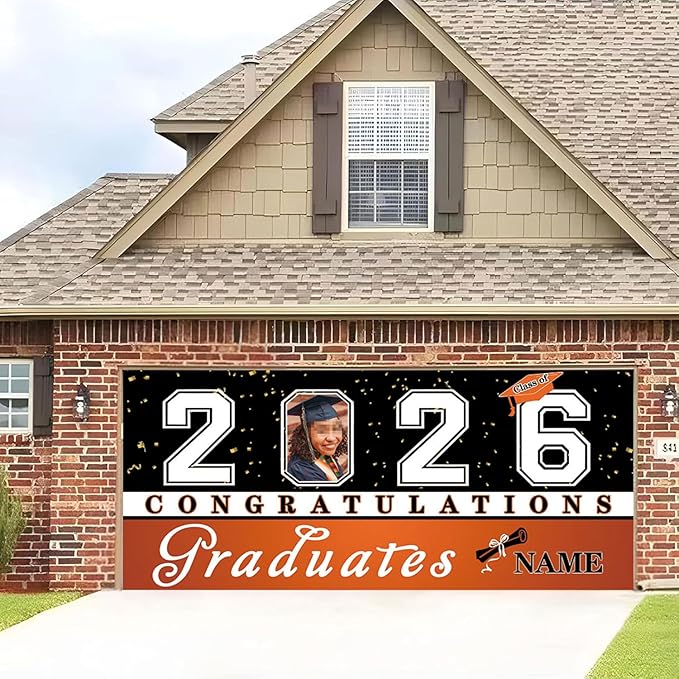 Custom Photo Graduation Garage Door Banner Personalized 2026 Grad Banner 7x16ft Porch Door Sign Decoration Outdoor Photo Booth Backdrop Party Supplies(Orange)