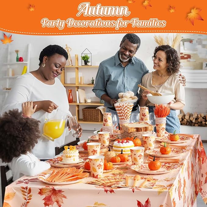 452 Pcs Thanksgiving Fall Party Decorations, Maple Leaves Thanksgiving Paper Plates Napkins Cups Tablecloth Cutlery Straws for Autumn Fall Theme Birthday Holiday Party Supplies, Serves 50