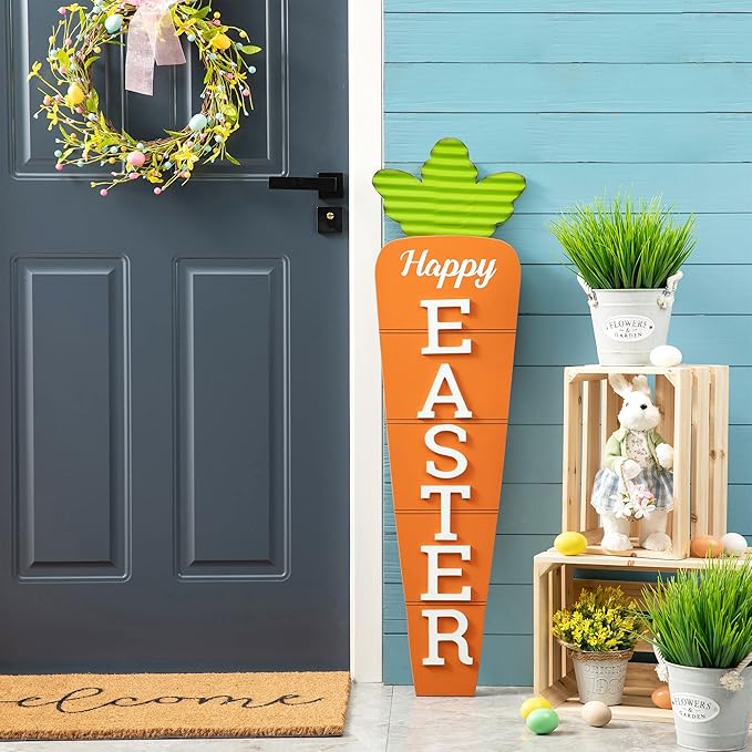 Glitzhome 41.5"H Easter Wooden Carrot Porch Decor, Metal Easter Porch Sign Welcome Sign for Home or Yard