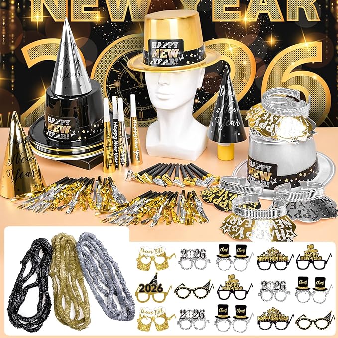 MOVINPE 2026 New Years Eve Party Supplies Bulk Serve 120 - New Year's Banner Backdrop Top Hats, Cone Hats, Tiara, Glasses, Leis, Horns, Blowouts, Noiese Makers, Event Party Favors