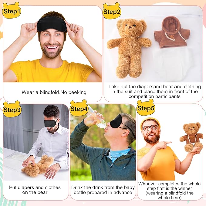 Vinsot 49 Pack Bear Blindfolded Diaper Changing Bottle Chug Games Set Boys Girls Funny Dolls Diapers for Gender Reveal Games Baby Changing Diaper Race Game Adult Prize Gift
