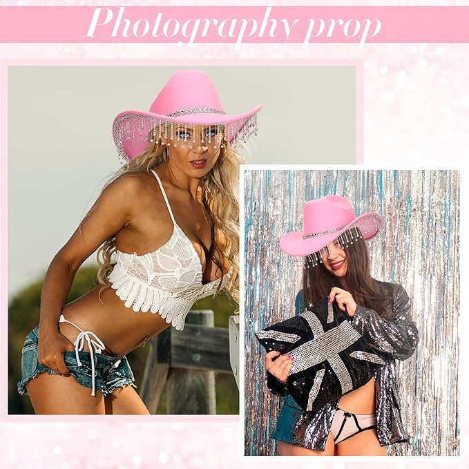 Hercicy 6 Pack Western Cowboy Hats with Rhinestone Tassel Bands Sequin Trim Sparkly Cowgirl Party Hats for Adults Women Men