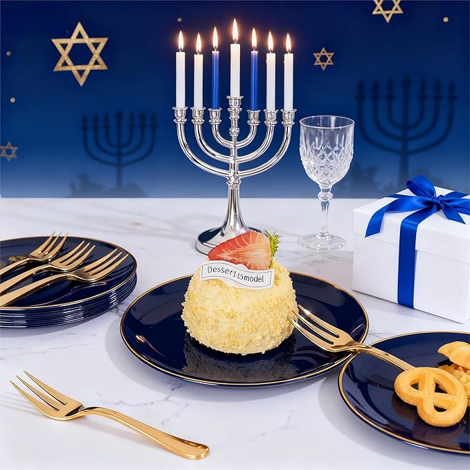 Festiva 200Pcs Navy Blue Gold Dessert Plates 6.3" with Plastic Forks 5"- Small Disposable Plates- Dessert/Cake/Appetizer Plastic Plates include 100Plates 100Forks for Christmas Party & Hanukkah