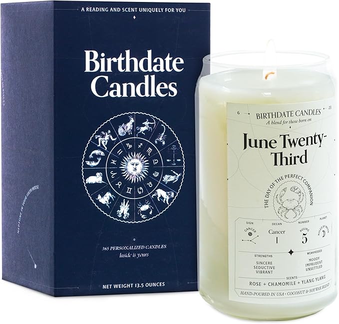 Birthdate Candles, June 23 - Cancer Zodiac Scented Candles Birthday Gift - Rose, Chamomile & Ylang Ylang Scent - All-Natural Soy & Coconut Wax, 60-80 Hour Burn Time - Made in USA