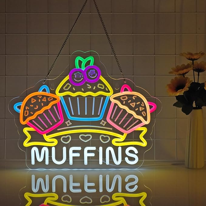 Muffins Neon Sign, Neon Lights Hanging Wall Art Decoration for Bakery Café Restaurant Snack Bar Pastry Shop Party Home Decor, USB Powered Ultra Bright Dimmable, 16.14×12.6inches
