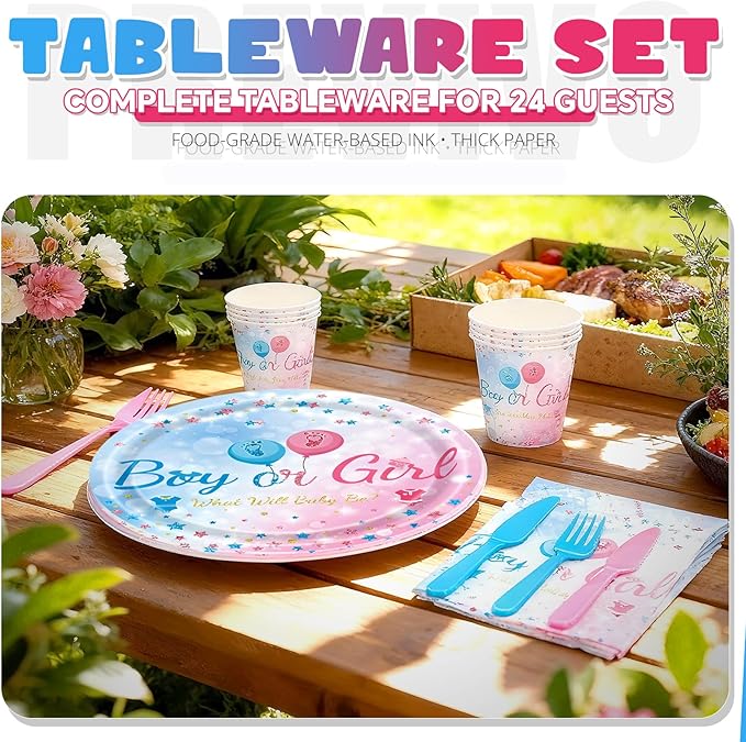 Gender Reveal Decorations Kit, Baby Gender Reveal Balloon Set with Confetti Cannons & Tableware for Boy or Girl Baby Shower (Pink)