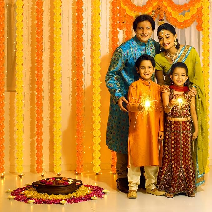 Giegxin 15 Pack Marigold Garland for Decoration 5 ft Long Strands Faux Artificial Marigold Flowers for Dia De Los Muertos Diwali Indian Wedding Party Decorations(Yellow,Orange)