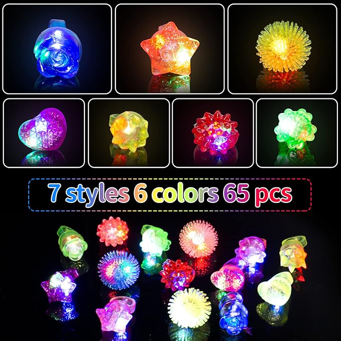 65 Pack Light Up Rings Glow in The Dark Party Supplies, Glow Rings Bulk Party Favors for Kids Adults, LED Colorful Rubber Ring Surprise Gifts for Birthday Christmas Halloween Party Decorations