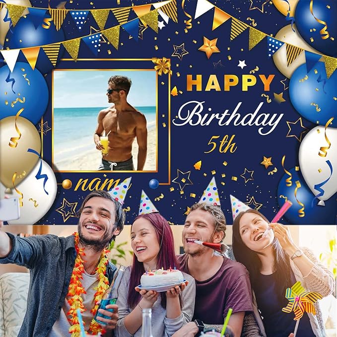 Custom Navy Blue and Gold Happy Birthday Sign Birthday Party Decorations Supplies Personalized Navy Blue Backdrop Banner (5x7.5ft)