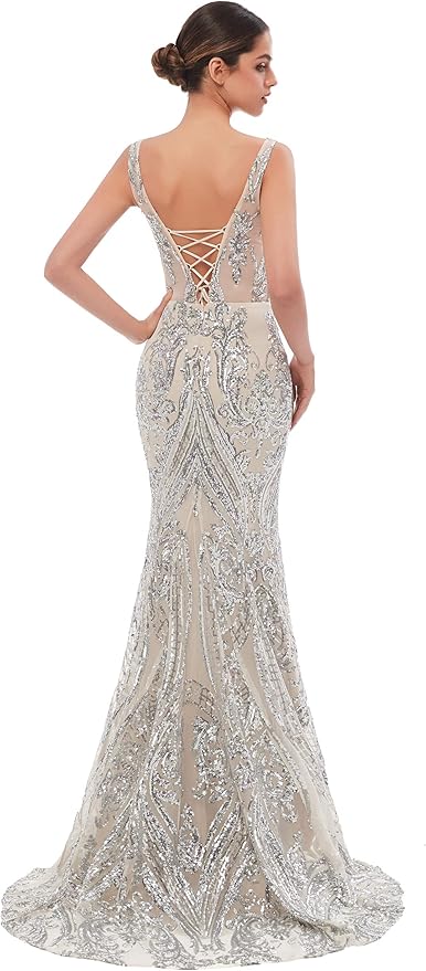 Women's Double V-Neck Sequins Lace-up Mermaid Evening Dress