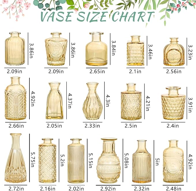16Pcs Glass Bud Vase Set, Small Flower Vases in Bulk for Centerpieces, Mini Vintage Amber Vase for Wedding, Home Decor, Table Decoration - Gold Amber