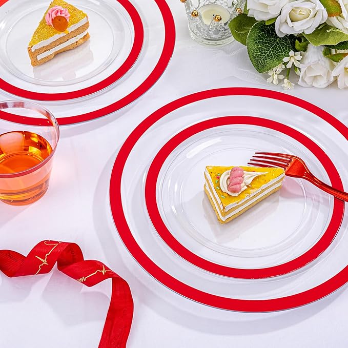 I00000 210 Pcs Red Plates Set,Clear and Red Plastic Plate Include 60 Plates,30 Cups,30 Rolled Napkins with Plastic Cutlery for Wedding & Valentine's Day