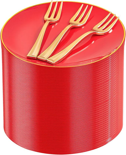 Festiva 200Pcs Red Gold Dessert Plates 6.3" with Plastic Forks 5"-Small Disposable Plates- Dessert/Cake/Appetizer Plastic Plates include 100Plates 100Forks for Birthday Party&Valentine's Day
