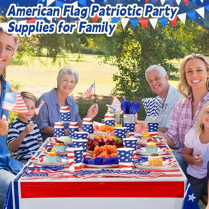 452 Pcs Party Supplies Serve 50 Guests, Paper Plates Napkins Cups Cutlery Plastic Tablecloth Dinnerware for Birthday Wedding Party Decoration(Red White Blue,American Flag)