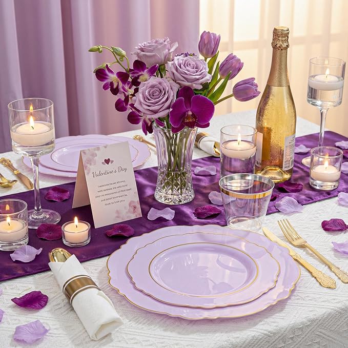 Liacere 350PCS Purple Plastic Plates - Disposable Light Purple and Gold Plates 50guest Baroque Plastic Dinnerware include 100Plates,50Pack Pre Rolled Napkins with Silverware 50Cups for Valentine’s Day