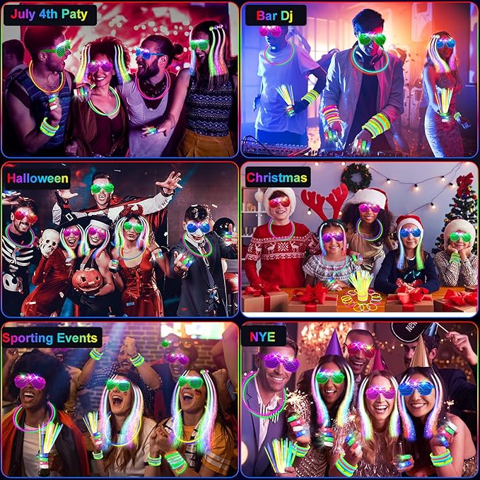 158 PCS Glow in the Dark Party Supplies, 14PCS LED Glasses, 30LED Finger Lights, 14LED Light Hairs and 100PCS Glow Sticks Bracelets, Neon Party Favors for Wedding, Concert, Birthday, New Year
