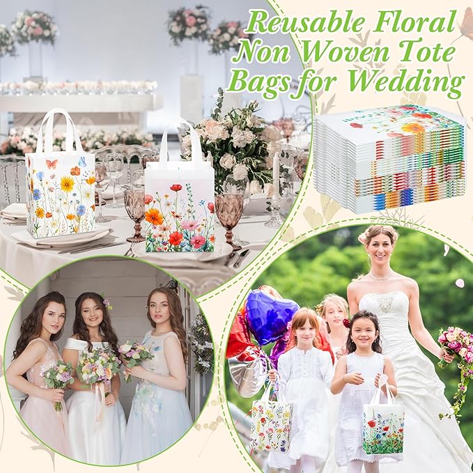 48 Pcs Floral Gift Bags Wildflower Party Favor Reusable Non Woven Treat Tote Welcome Flower Goodie Gift Bags with Handle for Wedding Guest Birthday Bridal Baby Shower Decor Party Supplies