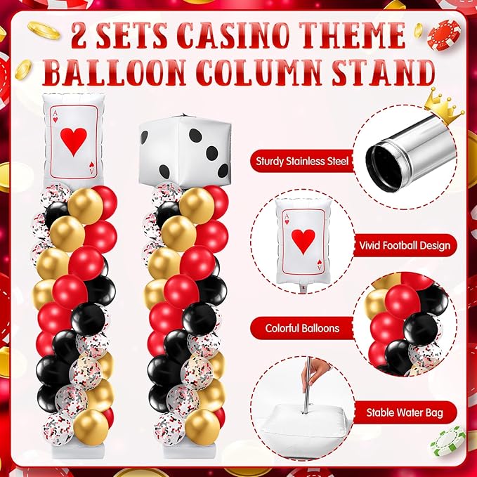 Kasyat 2 Set Casino Balloon Column Stand Kit Adjustable Red Black Gold Dice Poker Foil Balloons Arch Garland Kit for Birthday Casino Night Las Vegas Theme Party Decorations