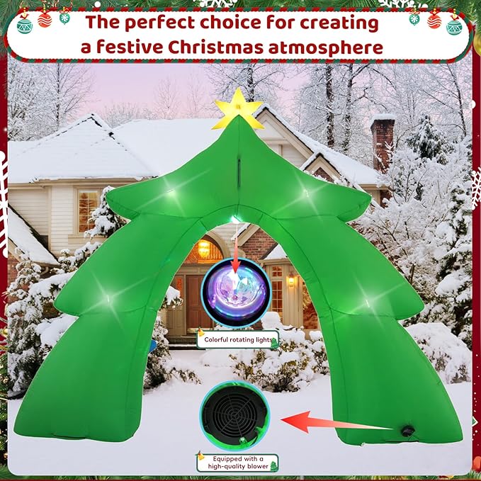 12 FT Santa's Candy Tree Arch Outdoor Inflatable with Rotating LED Colorful Lights for Christmas Holiday Party Decoration, Winter Garden Decoration