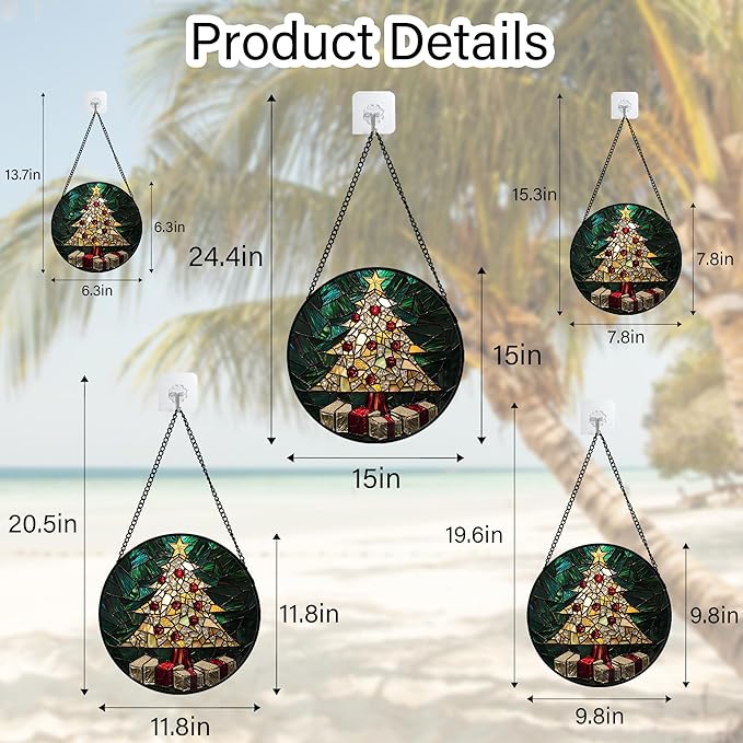 Stained Glass Window Hanging -Golden Christmas Tree Suncatcher for Doors Home Christmas Decoration Winter Sun Catcher Thanksgiving New Year Birthday Gifts for Women Men Mom Nana Girl 15 in