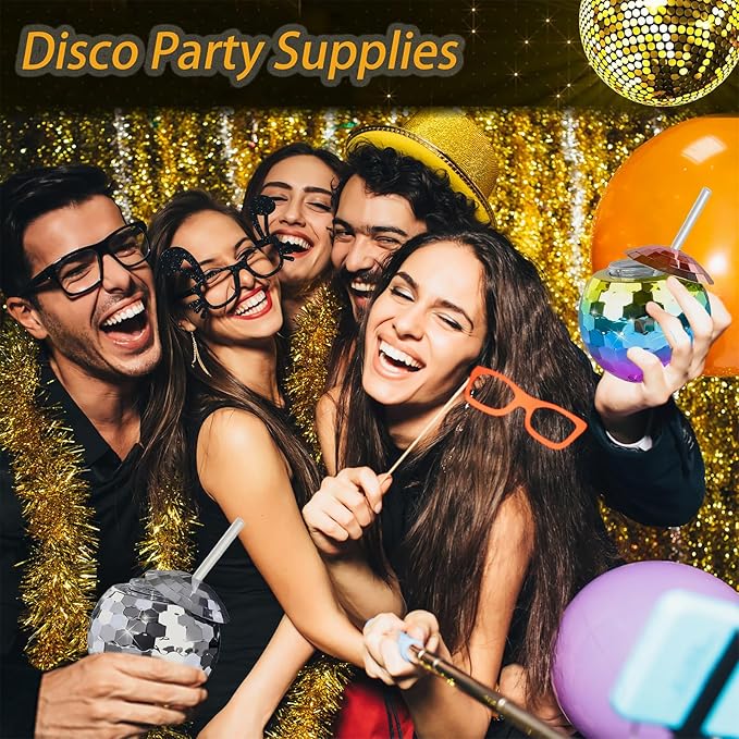Disco Ball Cups, 20OZ Disco Party Cups with Lid and Reusable Straw Flash Ball Cocktail Cup for Party Nightclub Bar Supplies Wine Drinking Syrup Tea Bottle (12, Rainbow)