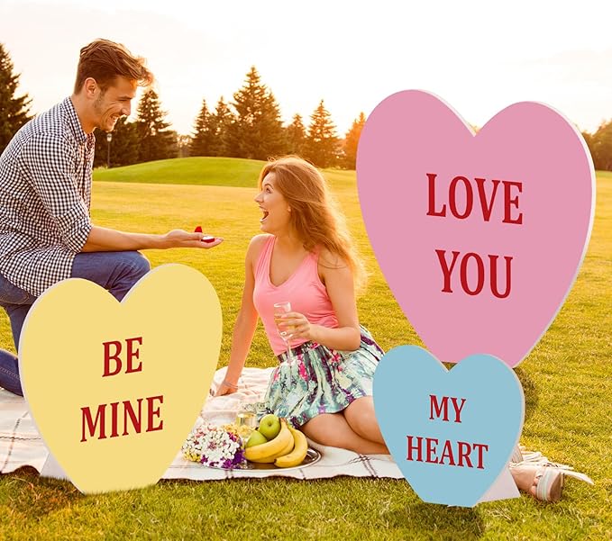 Teling 3 Pcs 24in 36in 46in Valentine's Day Conversation Heart Cardboard Cutout Stand up Set Valentines Day Party Backdrop Sweetheart Candy Conversation Heart Decoration for Wedding Party Photo Prop