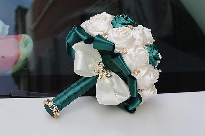 Handmade Wedding Bouquets for Bride Bridesmaid Brooch Bouquet Artificial Holding Flower Tossing Bouquet for Wedding Ceremony Anniversary(Ivory/DarkGreen,19cm)
