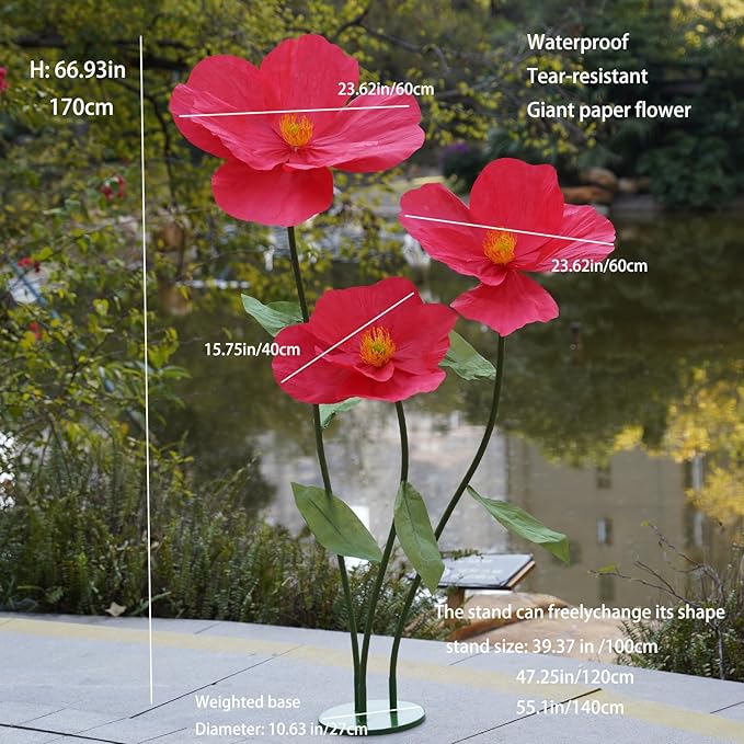 Large Paper Artificial Flowers,Giant Flowers for Decoration,Huge Handcrafted Poppy Fake Flowers with Stand for Home Decor Bridal Shower Party Outdoors Yard Event Backdrop Decor (red)