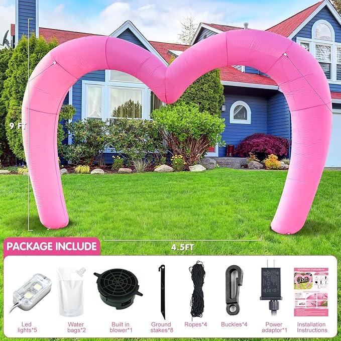 9 * 4.5FT Pink Valentine Inflatables Outdoor Decorations Heart Shaped Blow up Inflatable Archway with Build in LED for Indoor Outdoor Party Lawn Yard Garden Anniversary Wedding Decor